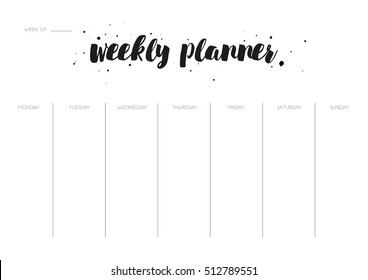 Minimal Weekly Planner vector template. Printable Weekly list design, ready to use. Black and White organizer and schedule list. Nice typography schedule design A4 format.