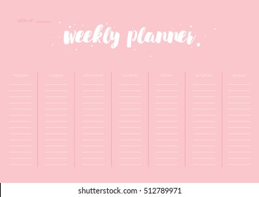 Minimal Weekly Planner vector template. Printable Weekly list design, ready to use. Organizer and schedule list. Nice typography schedule design A4 format.