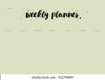 Minimal Weekly Planner vector template. Printable Weekly list design, ready to use. Organizer and schedule list. Nice typography schedule design A4 format.