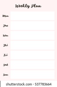 Minimal Weekly Planner vector template. Printable blank Weekly list design, ready to use. Organizer and schedule design A4 format. 