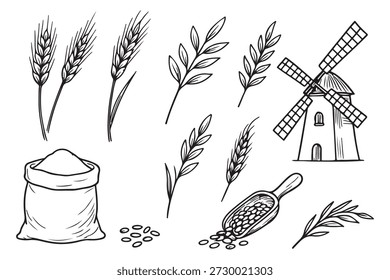 Conjunto mínimo de ícone de grão de trigo, ilustração vetorial de silhueta de planta de cereal preto