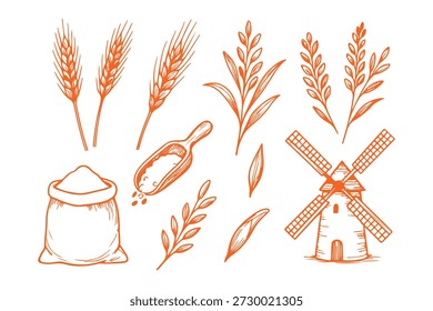 Conjunto mínimo de ícone de grão de trigo, ilustração vetorial de silhueta de planta de cereal preto