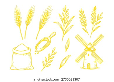 Minimal Weizen Korn Symbol-Set, Schwarze Getreidepflanze Silhouette Vektorgrafik