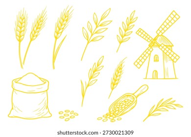 Conjunto mínimo de ícone de grão de trigo, ilustração vetorial de silhueta de planta de cereal preto