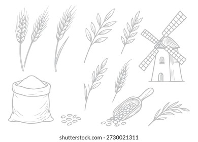 Conjunto mínimo de ícone de grão de trigo, ilustração vetorial de silhueta de planta de cereal preto
