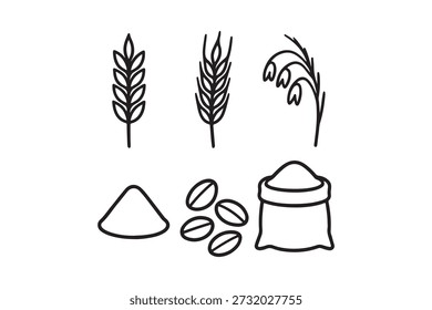 Conjunto mínimo de ícone de grão de trigo, ilustração vetorial de silhueta de planta de cereal preto
