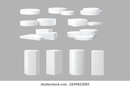 Pantalla de podio 3D blanca mínima y escenario sobre fondo gris