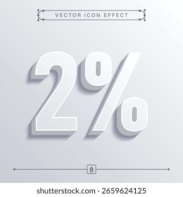 Icono blanco mínimo del dos por ciento 3D con efecto suave del Vector en diseño limpio, signo del 2%, icono del 2 por ciento