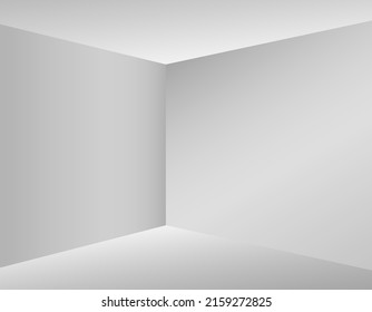 Minimal white corner. Empty cornered hall, simple 3d floor ceiling walls perspective, monotone room interior template, concrete hallwall box space vector illustration