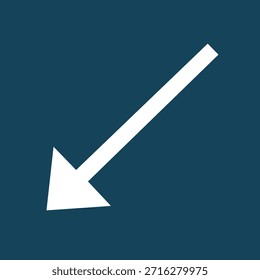 Minimal white diagonal arrow icon pointing down left on blue background, flat vector symbol for UI navigation, web design, digital interface, business decline indicator, southwest way direction.