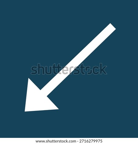 Minimal white diagonal arrow icon pointing down left on blue background, flat vector symbol for UI navigation, web design, digital interface, business decline indicator, southwest way direction.