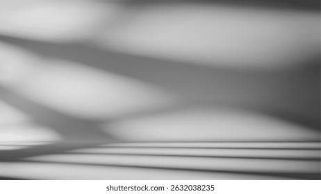 Minimal white and grey wall interior background with soft window shadows. Abstract empty space white room interior with sunlight. White studio background for product presentation. Vector illustration.