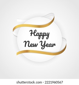 Minimal white happy new year greeting with gold ribbon