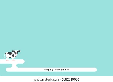 Minimal White Holstein, Ox or Cow or calf illustration with Text, Happy new year on light blue background. The concept for New year Greeting, Postcard, Banner.