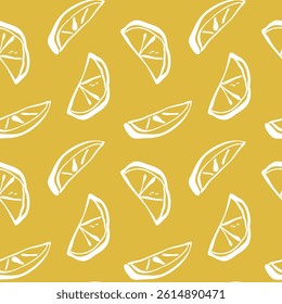 Minimal white lemon slice seamless pattern in cut out style on yellow background for textile and packaging.