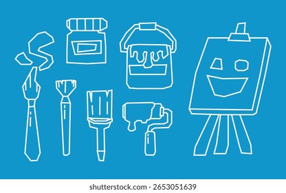 Minimal White Line Art Supplies Elements Icon Set in Cutout Style