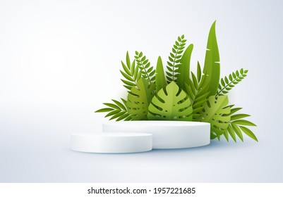 Minimal white scene with geometric shapes and green palm leaves. Cylindrical podium on a yellow background. 3D stage for displaying a cosmetic product.