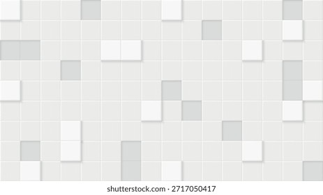 Minimal weiße quadratische Fliesen mit subtilem 3D-Schatteneffekt, die einen nahtlosen dekorativen Hintergrund bilden.