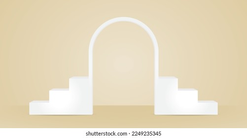 minimal white stair with arch display shelf on beige color wall and floor 3d illustration vector for putting object