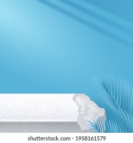 Minimal White Stone Podium for Product Display, Presentation, with coconut leaf, blue pastel background. Cosmetic, Skincare, Haircare, Beauty Product. 3d vector