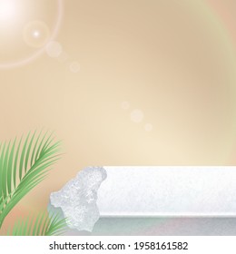 Minimal White Stone Podium for Product Display, Presentation, with lens flare, coconut leaf, beige or brown background. Cosmetic, Skincare, Haircare, Beauty Product. 3d vector