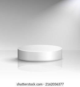 Minimal white vector podium mockup. Pedestal, platform, stage, dais template for product presentation. Showcase concept. Scene with reflection and spotlight