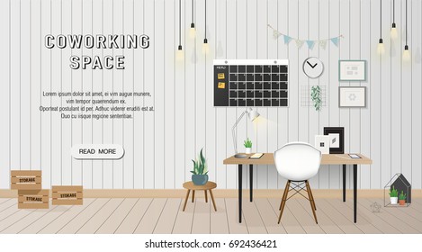 Minimal white working space or home office on wood wall with text and read more button  for website or cover
