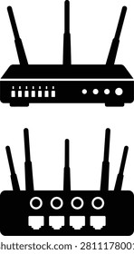 Minimal WiFi router icon set featuring front and rear views of a wireless network device with multiple antennas in clean black silhouettes on a white background. Perfect for networking diagrams, internet services, technology presentations, user interfaces, mobile apps, websites, and IT-related vector graphics.