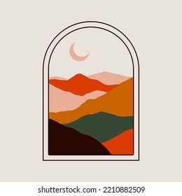 Minimal window mountain landscape. Modern boho arch with nature oriental abstract boho art. Vector isolated illustration