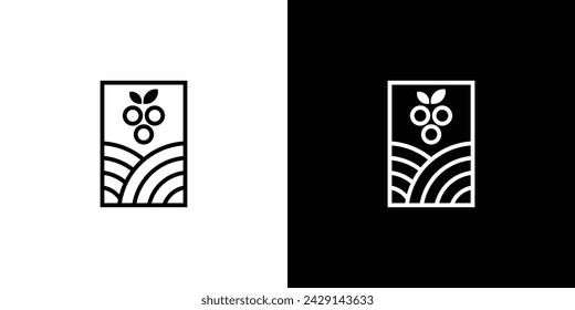 Minimal Wine Plantation Logo. Grape Berry Farm, Vineyard, Organic Natural Winery. Vineyard Field and Grapes with Linear Outline Style Logo Icon Symbol Vector Design Template.