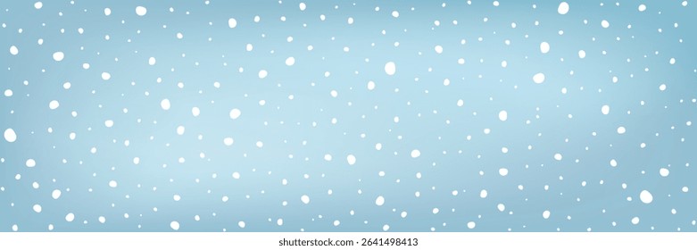 Minimal winter background with snow flakes on light blue. Irregular white snow dots in flat vector style. Great for banners, holiday flyer, greeting card, wrapping, winter ads, poster, website design