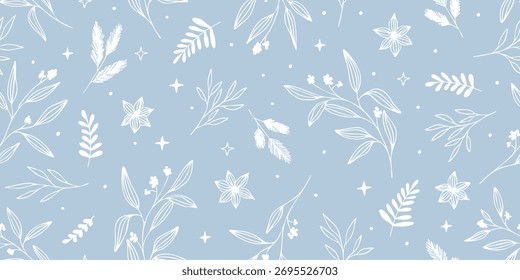 Minimal winter botanical seamless pattern on blue background, hand drawn floral christmas design for wrapping paper, fabric, greeting cards and stationery