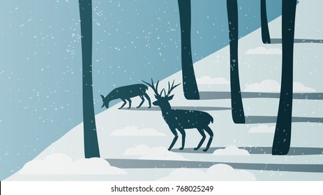 Minimal Winter Forest Scene with Stag Near a River - Vector Illustration