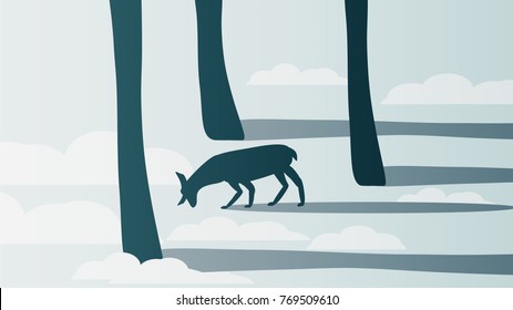 Minimal Winter Forest Scene with Stag - Vector Illustration