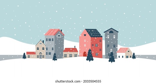 Minimal winter landscape. Flat snowy christmas scene, holiday background with tiny houses. Snow field, cute scandinavian style classy vector panorama