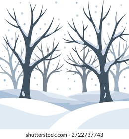 Ilustración de paisaje de invierno mínimo con árboles desnudos, nevadas y colinas nevadas en un paisaje tranquilo y sereno.