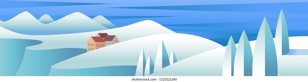 Minimal winter landscape panorama.Holiday christmas white blue snow winter minimal flat mountain landscape illustration.