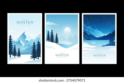 Minimal winter landscape poster collection featuring snowy mountains, pine trees, and cold seasonal scenery in modern design style. Perfect for seasonal promotions, travel themes, wall art prints, and winter holiday design projects.