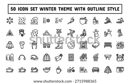 Minimal winter outline icons featuring seasonal objects, cold weather elements, cozy accessories, outdoor activities, and holiday scenery with versatile usage for various themes.