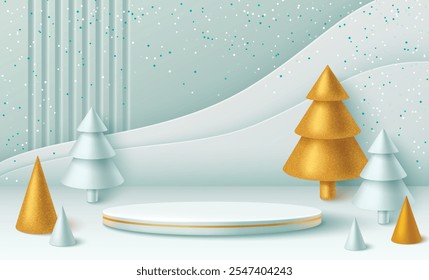 Minimal winter scene with cylindrical podium with gold trim surrounded by abstract Christmas trees in light green and gold colors. Snowy background with turquoise dots for product display during xmas.