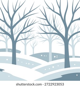 Minimal winter snow landscape background featuring bare trees, rolling hills, and gentle snowfall in serene scenery.