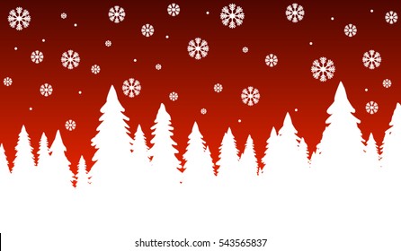 Minimal winter vector. Stylized pine tree forest covered in snow, snow flakes falling on vivid red sky in winter scenery