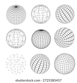 Minimal wireframe sphere grid illustrations isolated on white background, representing geometry, digital structure, technology, data visualization, and abstract scientific design concepts. Perfect for technology branding, infographics, UI elements, presentations, education, and modern graphic projects.