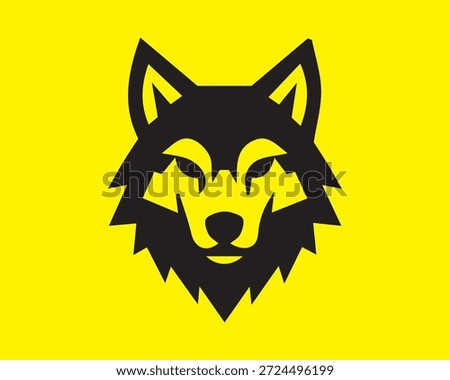 Minimal wolf head logo in black on yellow background, modern flat vector icon symbolizing strength, loyalty and wilderness, suitable for branding, sports, esports and mascot logos.
