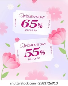 Minimal Woman day Coupon banner template with coupon code, price off percentage isolated on gradient background with flowers and leafs. Woman day gift voucher in vector illustration