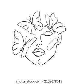 Minimal woman face with butterflies. Creative illustration in line art style.