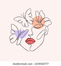 Minimal woman face with butterflies. Creative illustration in line art style.