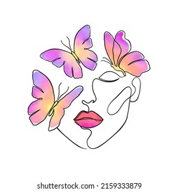 Minimal woman face with butterflies. Creative illustration in line art style.