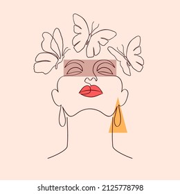 Minimal woman face with butterflies and geometric shapes. Creative illustration in line art style.