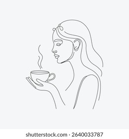 Minimal Woman Holding Coffee Line Art Vector illustration.